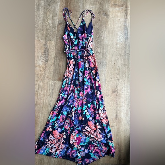 143 Story Navy Bright Floral Maxi Dress S Criss Cross Strappy Boho Summer - Picture 5 of 5